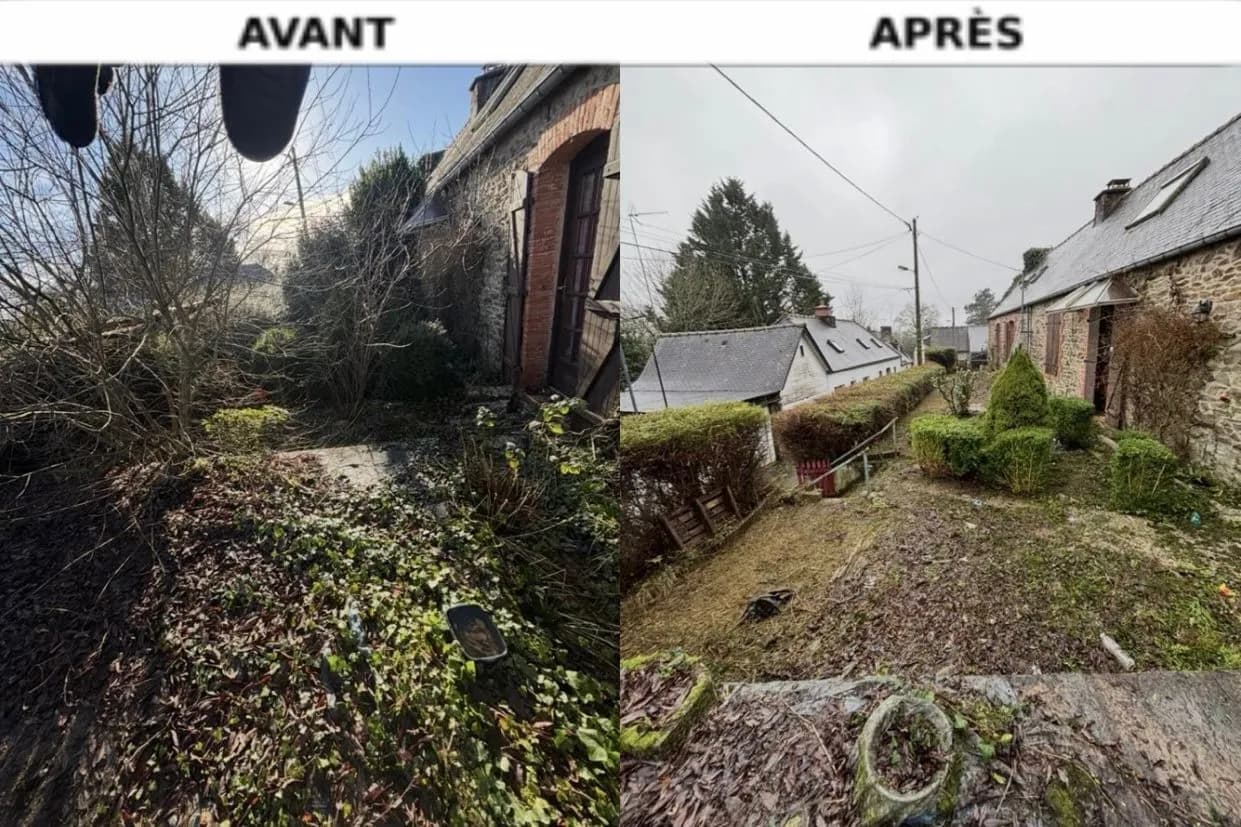 Jardin d'une maison en pierre envahi de ronces, avant et après remise en état près de Huelgoat, Hochard Élagage